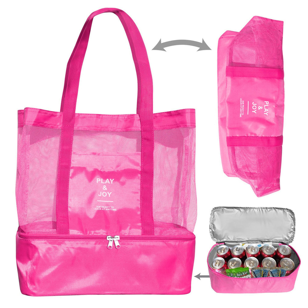 Two Tier Beach Tote Bag, Mesh Swim Bag with Insulated Cooler Compartment, Foldable Travel Tote for Swimming Picnic