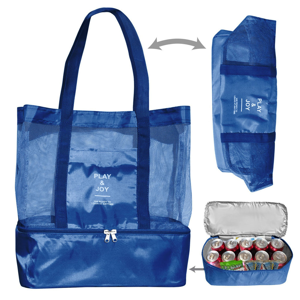 Two Tier Beach Tote Bag, Mesh Swim Bag with Insulated Cooler Compartment, Foldable Travel Tote for Swimming Picnic