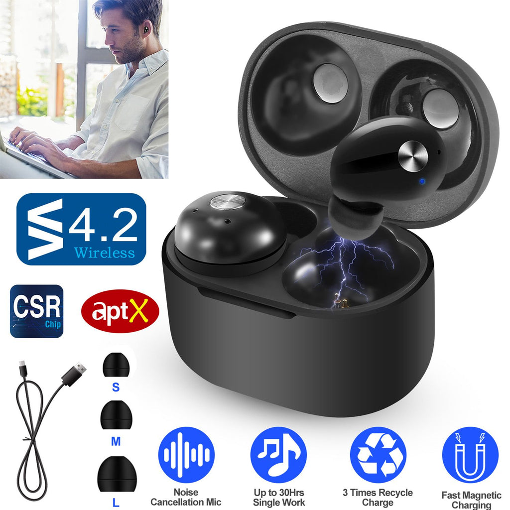 TWS True Wireless V4.2 Earbuds IPX4 In-ear stereo Earphone Hands-free Deep Bass Earpiece w/Mic Magnetic Charging Case 30Hrs Single Earbud Work Time Driving Business