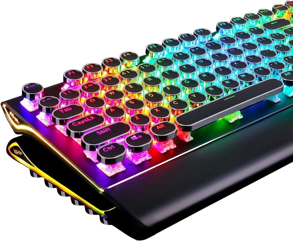Typewriter Keyboard, Retro Mechanical Gaming Keyboard Wired 108 Keys with RGB Backlit Sidelight, Detachable Wrist Rest, Round Keycaps Blue Switches - Black