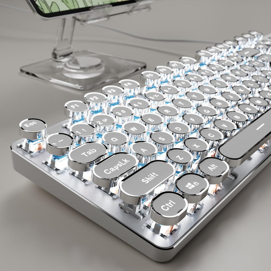 Typewriter Style Wired Mechanical Keyboard, 104 Keys Aesthetic Typewriter Keyboard with White Backlit, Anti-Ghosting, Blue Switch Wired Cute Keyboards-White