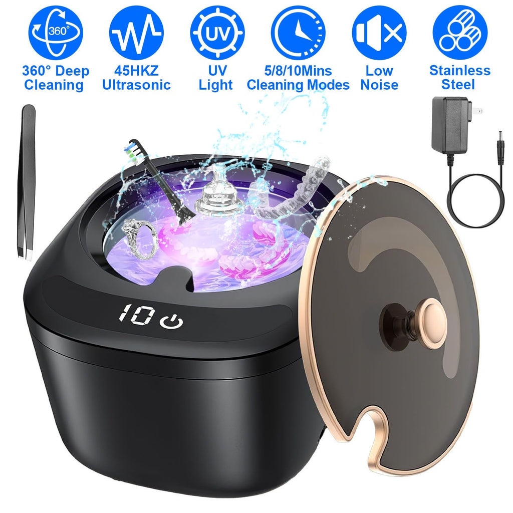 Ultrasonic Retainer Cleaner 45kHz Ultrasonic Cleaning Machine with 3 Modes 230ML Capacity UV Light for Denture Mouth Guard Aligner Dental Trays Braces Rings Jewelry