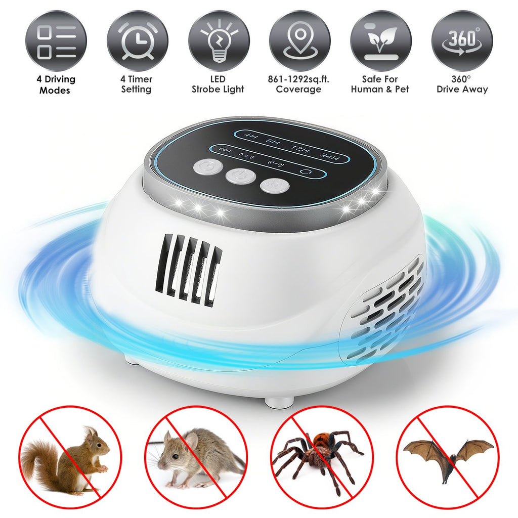 Ultrasonic Rodent Chaser Rat Repellent Pest Driver Mouse Control Squirrel Repeller with 4 Modes 4-65KHz Strobe Light 4 Timer 1292sq.ft. Coverage for Rodent Mouse Rats Squirrels Bats GPCT5491