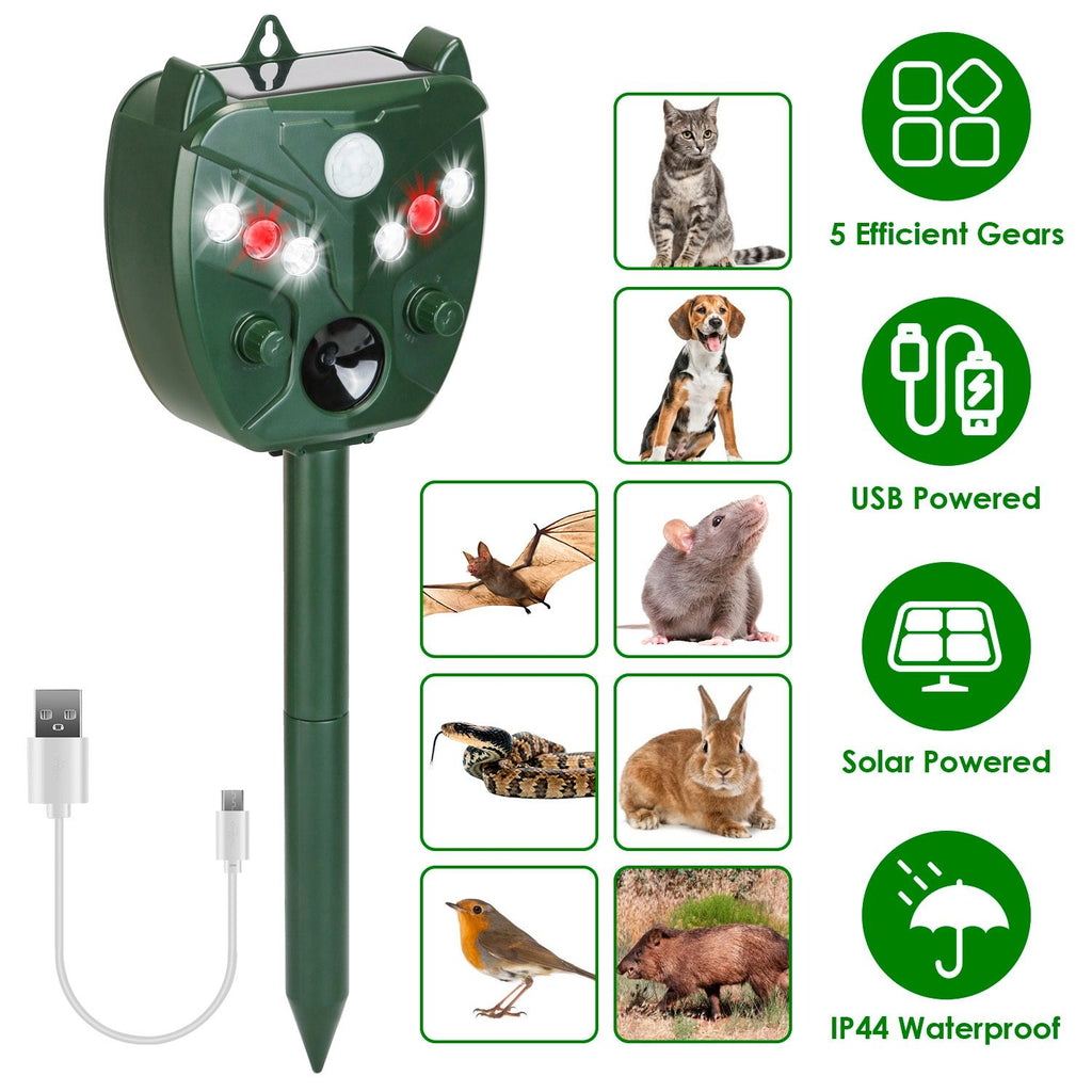 Ultrasonic Solar Animal Repeller Outdoor Mole Snake Squirrel Mouse Chaser Waterproof Bird Deer Dog Cat Deterrent with 5 Gears for Farm Garden Yard