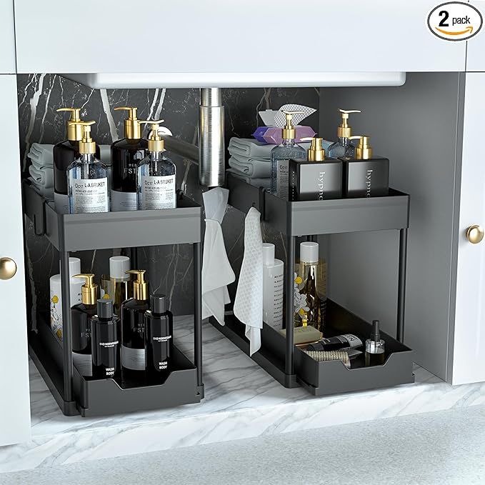 Under Sink Organizer 2 Pack, Bathroom Cabinet Organizer, 2 Tier Sliding Cabinet Basket Organizer Drawer, Multi-Purpose Bath Collection Baskets for Bathroom (Black)F