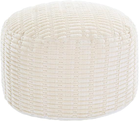 Unstuffed Ottoman Pouf Cover,Round Faux Fur Foot Stool, Fuzzy Chair, Floor Bean Bag(No Filler),Foot Rest with Storage for Living Room, Bedroom, Office, Striped Tufted (Beige)