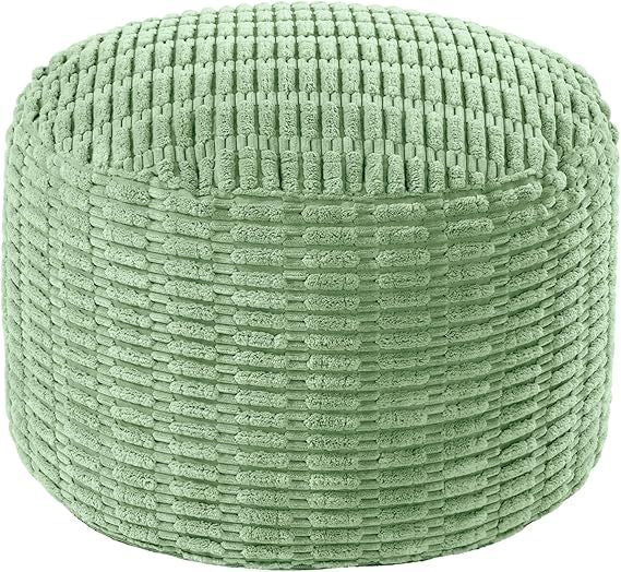 Unstuffed Ottoman Pouf Cover,Round Faux Fur Foot Stool, Fuzzy Chair, Floor Bean Bag(No Filler),Foot Rest with Storage for Living Room, Bedroom, Office, Striped Tufted (Sage Green)