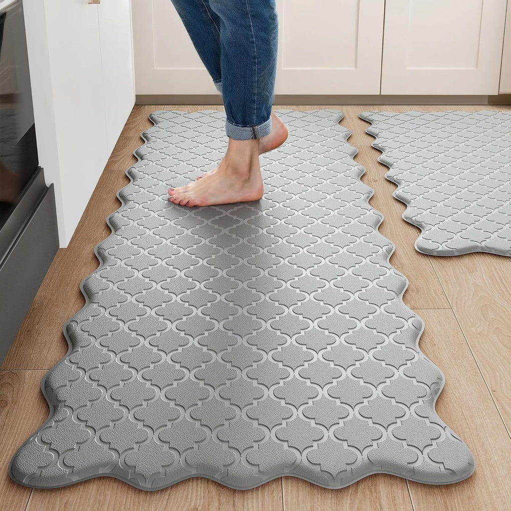Upgrade Scalloped Embossed Kitchen Mats for Floor 2PCS Cushioned Anti Fatigue Waterproof Foam Kitchen Rugs Non Slip Washable Comfort Standing Mat for Office Sink Laundry, Gray