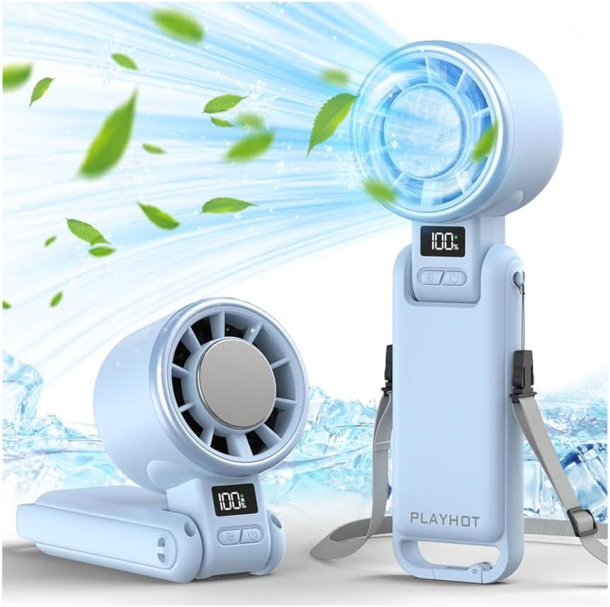 Upgraded Portable Handheld Fan with 60°F Ice Cooling, Up tp 12Hrs Personal Fans Portable Rechargeable, 5 Speed 25550RPM Powerful Portables Fan Handheld, Hand/Neck/Desk Fan 3 IN 1