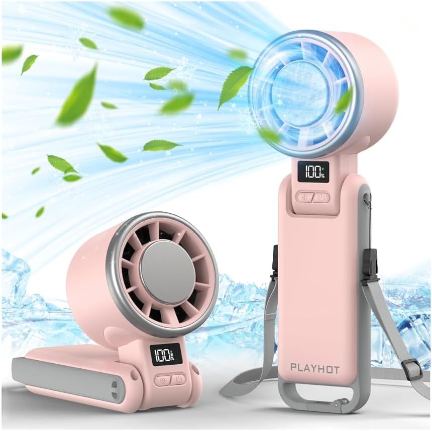 Upgraded Portable Handheld Fan with 60°F Ice Cooling, Up tp 12Hrs Personal Fans Portable Rechargeable, 5 Speed 25550RPM Powerful Portables Fan Handheld, Hand/Neck/Desk Fan 3 IN 1