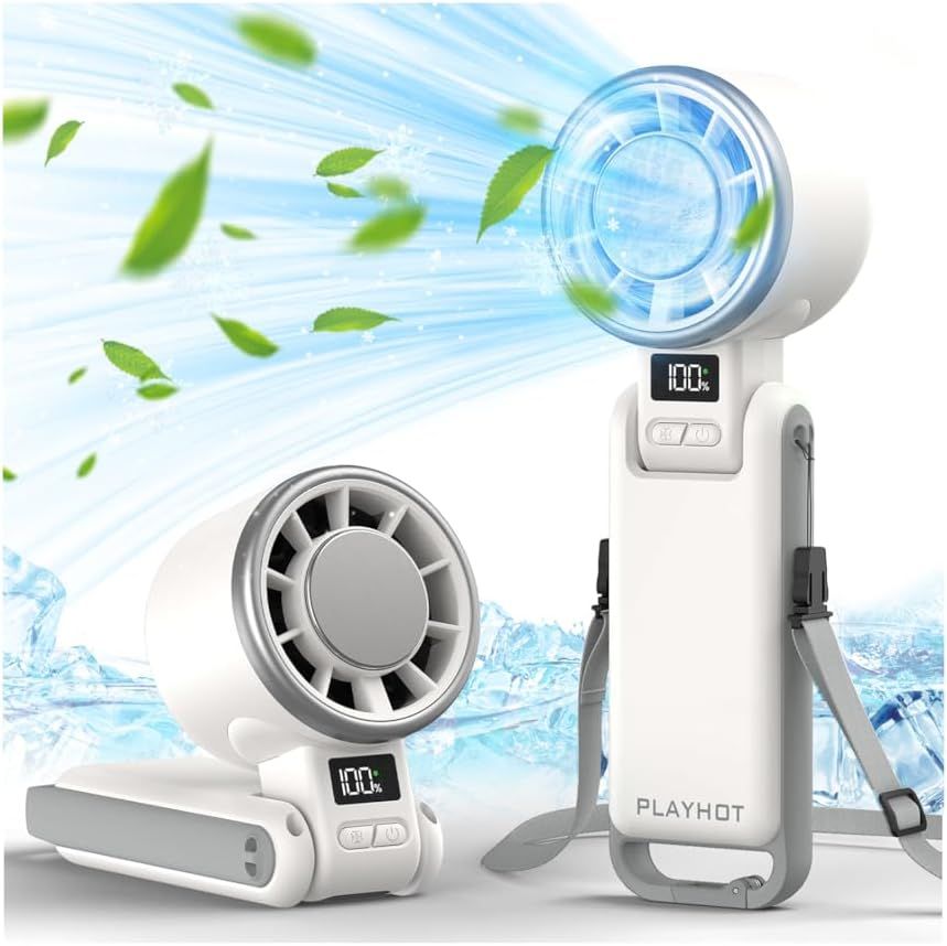 Upgraded Portable Handheld Fan with 60°F Ice Cooling, Up tp 12Hrs Personal Fans Portable Rechargeable, 5 Speed 25550RPM Powerful Portables Fan Handheld, Hand/Neck/Desk Fan 3 IN 1