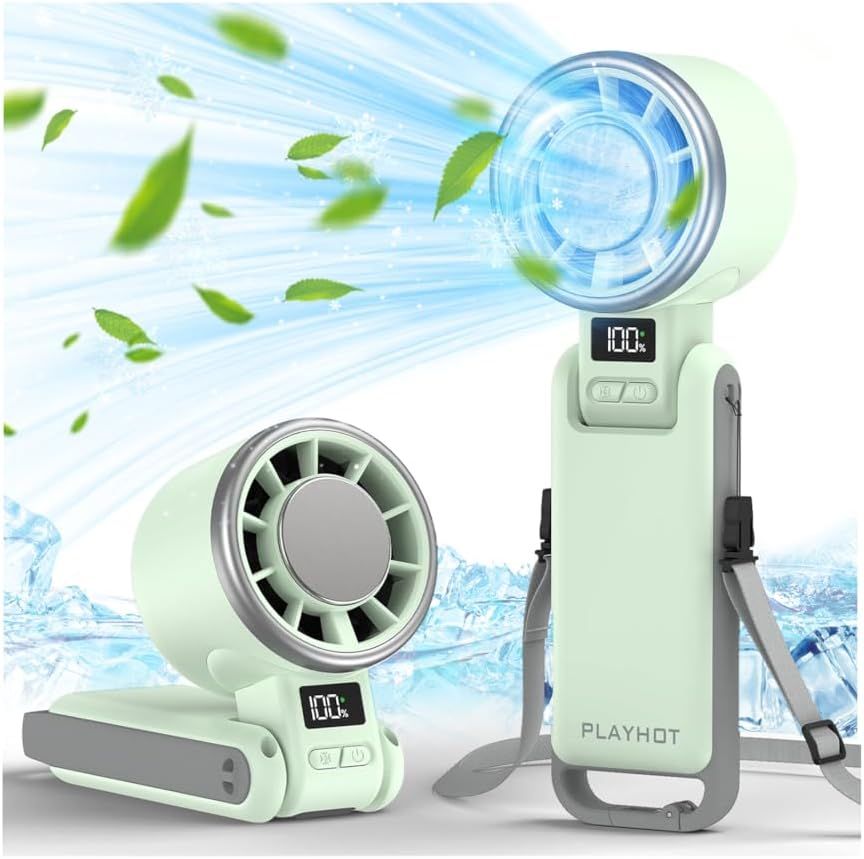 Upgraded Portable Handheld Fan with 60°F Ice Cooling, Up tp 12Hrs Personal Fans Portable Rechargeable, 5 Speed 25550RPM Powerful Portables Fan Handheld, Hand/Neck/Desk Fan 3 IN 1