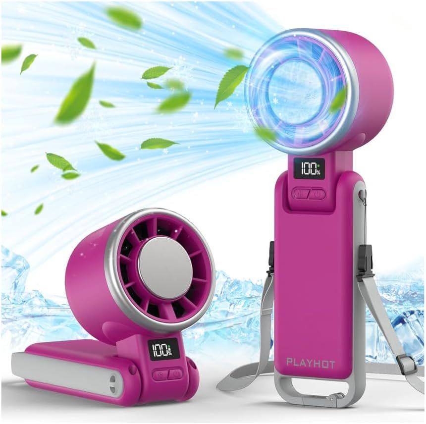 Upgraded Portable Handheld Fan with 60°F Ice Cooling, Up tp 12Hrs Personal Fans Portable Rechargeable, 5 Speed 25550RPM Powerful Portables Fan Handheld, Hand/Neck/Desk Fan 3 IN 1