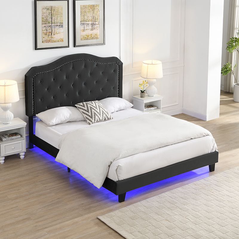 Upholstered Bed Button Tufted with Curve Design - Strong Wood Slat Support - Easy Assembly - Velvet - With LED light-platform bed - Queen