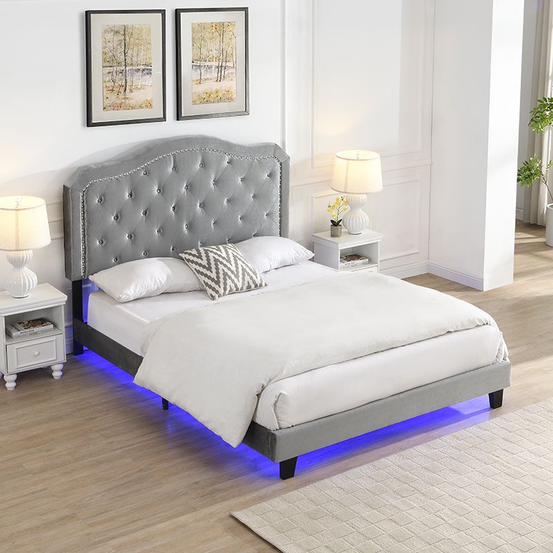 Upholstered Bed Button Tufted with Curve Design - Strong Wood Slat Support - Easy Assembly - Velvet - With LED light-platform bed - Queen
