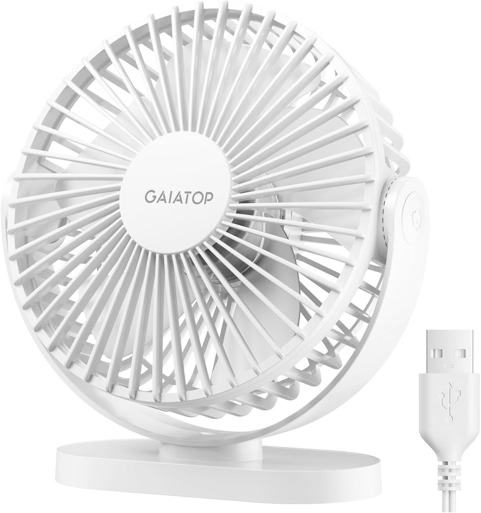 USB Desk Fan, 5.5 Inch Small Quiet Powerful 3 Speeds 90° Rotate, Personal Mini Portable Desktop Table Fans, Cooling for Home Office Car Travel Indoor Outdoor White