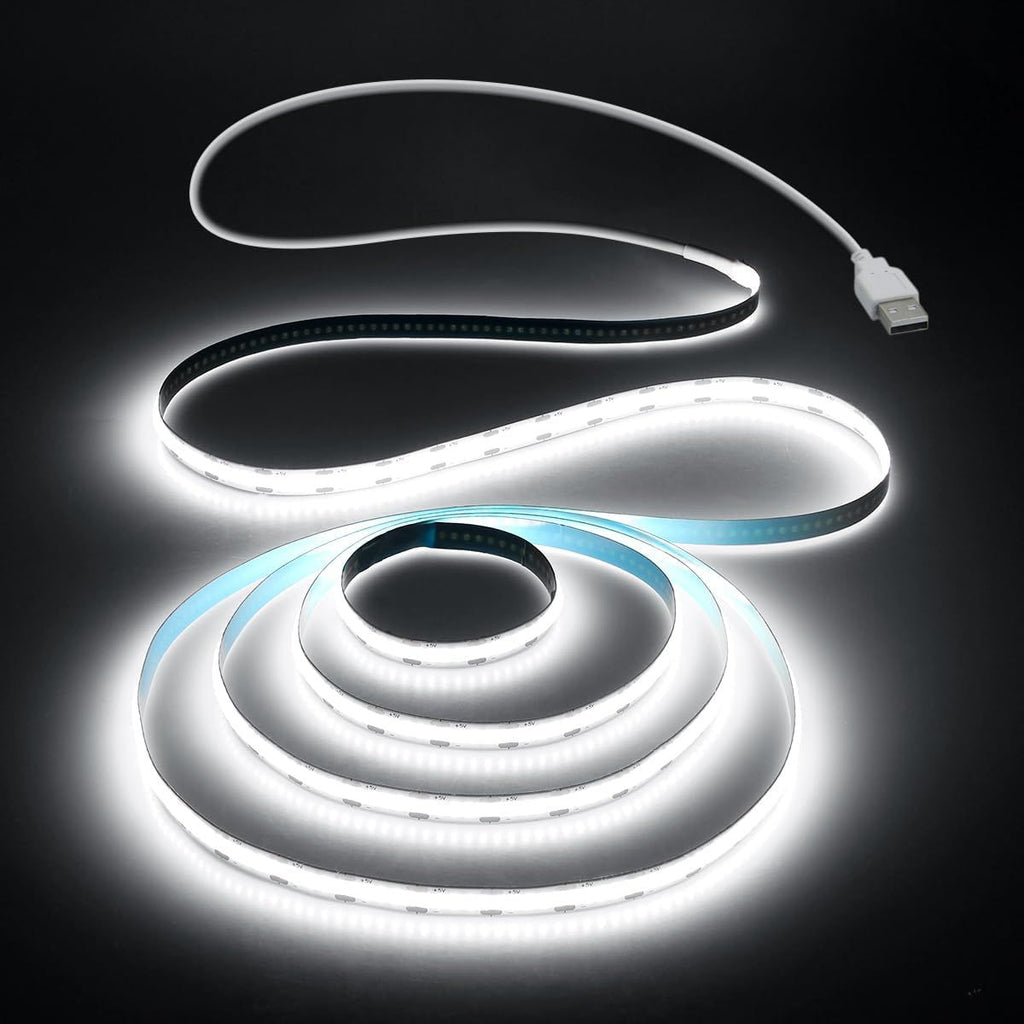 USB Led Light Strip COB Led Strip Lights 5V Daylight Cold White 6000K 3.28FT 320Leds Flexible TV Led Lights USB Powered 1M for Under Cabinet Kitchen Living Room Shelving or Displays