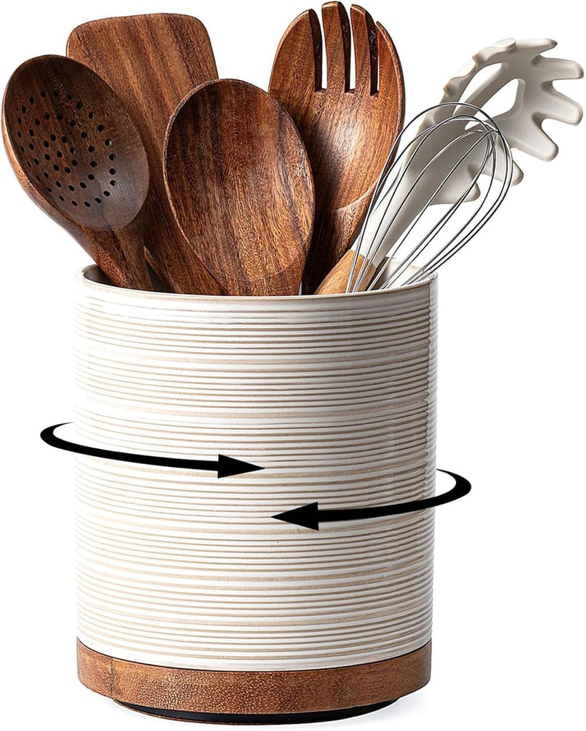 Utensil Holder, 360° Rotating Extra Large Ceramic Kitchen Utensil Holder for Countertop, 7.3' Cooking Utensil Crocks for Kitchen Counter with Rotatable Wooden Base, Farmhouse Decor, Arctic White