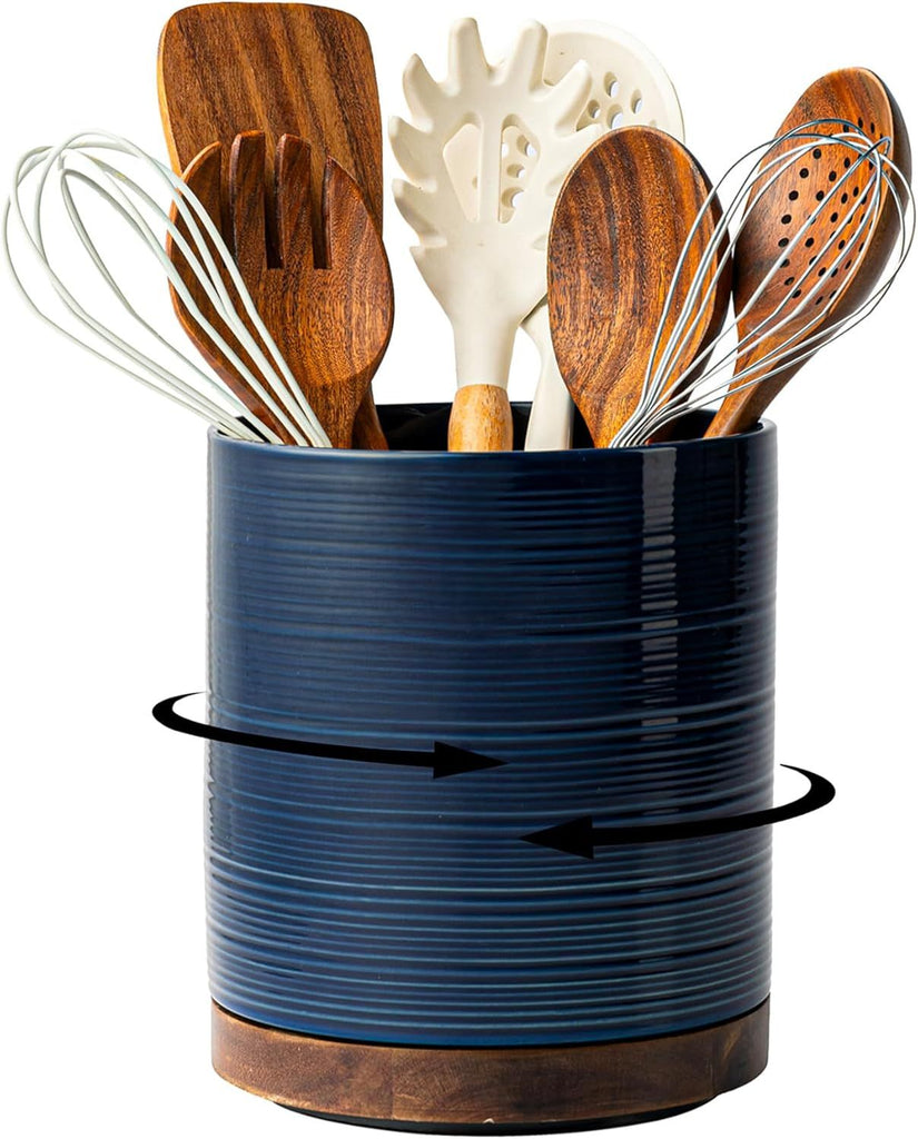 Utensil Holder, 360° Rotating Extra Large Ceramic Kitchen Utensil Holder for Countertop, 7.3' Cooking Utensil Crocks for Kitchen Counter with Rotatable Wooden Base, Farmhouse Decor, Dark Blue