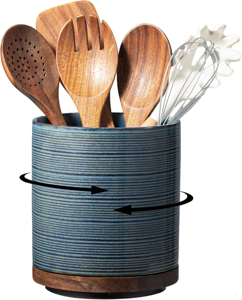 Utensil Holder, 360° Rotating Extra Large Ceramic Kitchen Utensil Holder for Countertop, 7.3' Cooking Utensil Crocks for Kitchen Counter with Rotatable Wooden Base, Farmhouse Decor, Dusty Blue