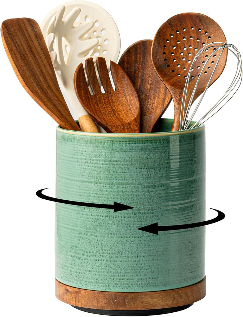 Utensil Holder, 360° Rotating Extra Large Ceramic Kitchen Utensil Holder for Countertop, 7.3' Cooking Utensil Crocks for Kitchen Counter with Rotatable Wooden Base, Farmhouse Decor, Forest Green