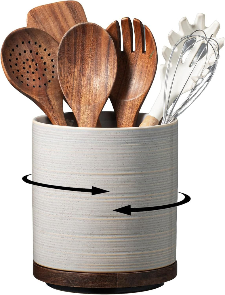 Utensil Holder, 360° Rotating Extra Large Ceramic Kitchen Utensil Holder for Countertop, 7.3' Cooking Utensil Crocks for Kitchen Counter with Rotatable Wooden Base, Farmhouse Decor, Grey