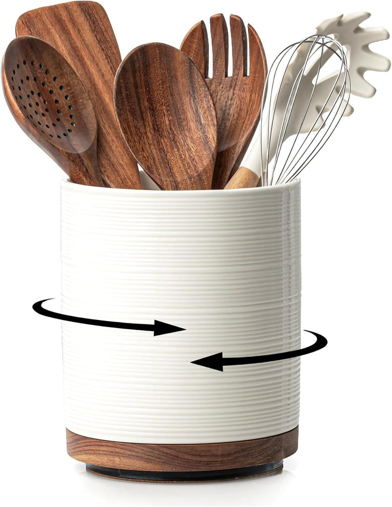 Utensil Holder, 360° Rotating Extra Large Ceramic Kitchen Utensil Holder for Countertop, 7.3' Cooking Utensil Crocks for Kitchen Counter with Rotatable Wooden Base, Farmhouse Decor, White