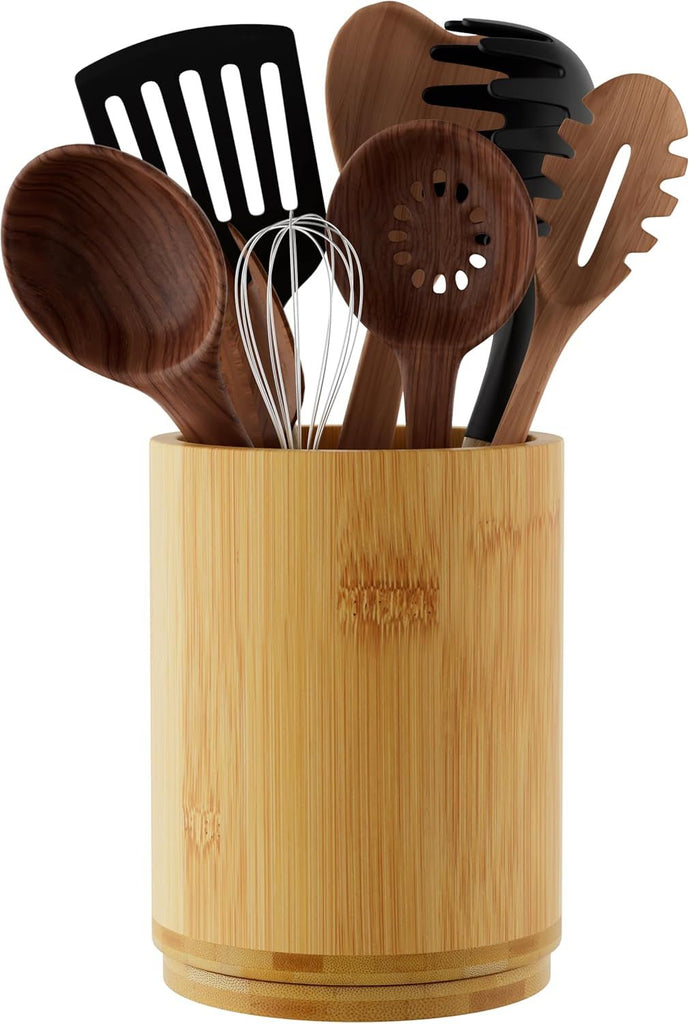 Utensil Holder, Bamboo Kitchen Utensil Holder for Countertop, 360°Rotating Cooking Utensil Crock for Kitchen Counter, 7.2" Large Utensil Organizer for Spatula