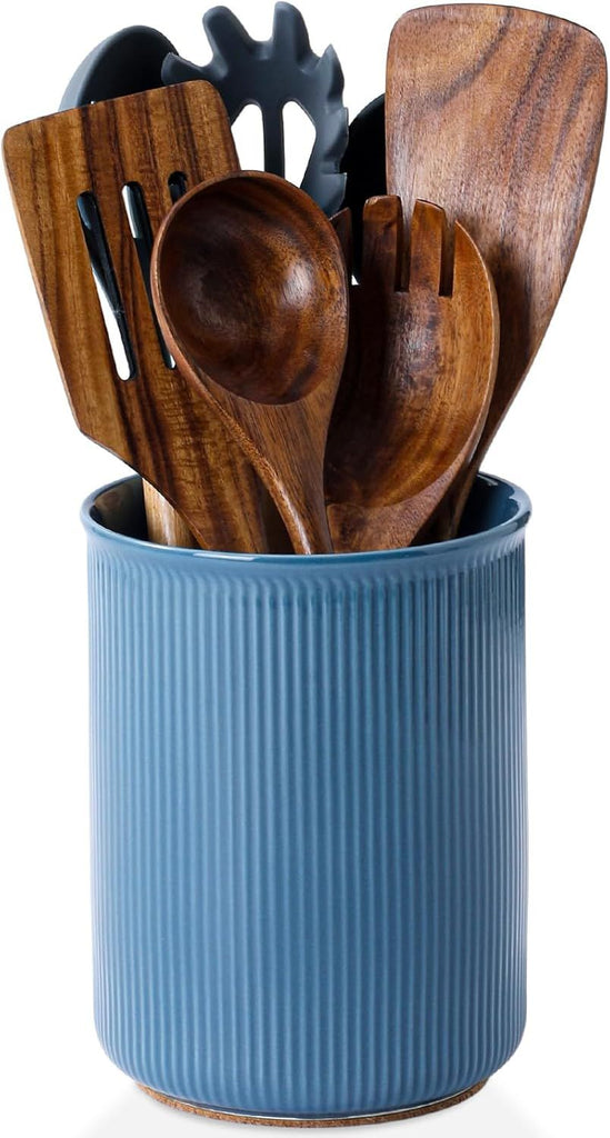 Utensil Holder, Extra Large Utensil Crock, Stable Ceramic Utensil Organizer, Cooking Tool Organizer Set for Kitchen Counter Farmhouse Décor,  Blue