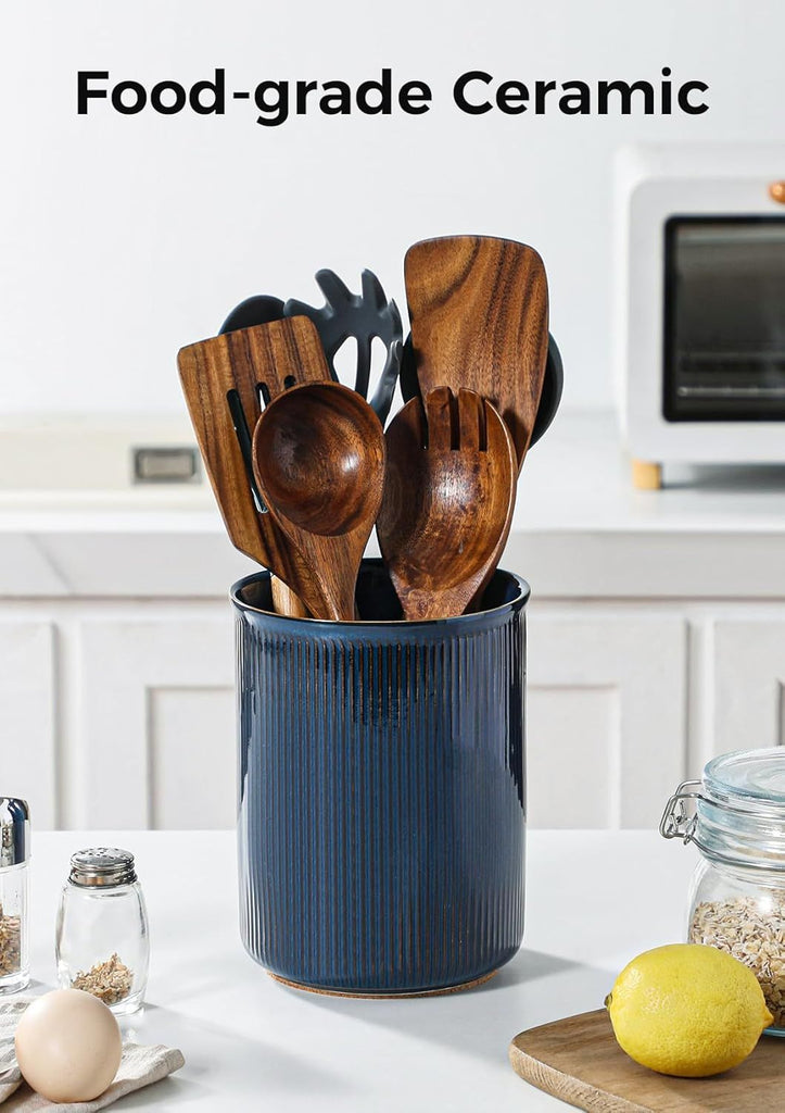 Utensil Holder, Extra Large Utensil Crock, Stable Ceramic Utensil Organizer, Cooking Tool Organizer Set for Kitchen Counter Farmhouse Décor, Blue