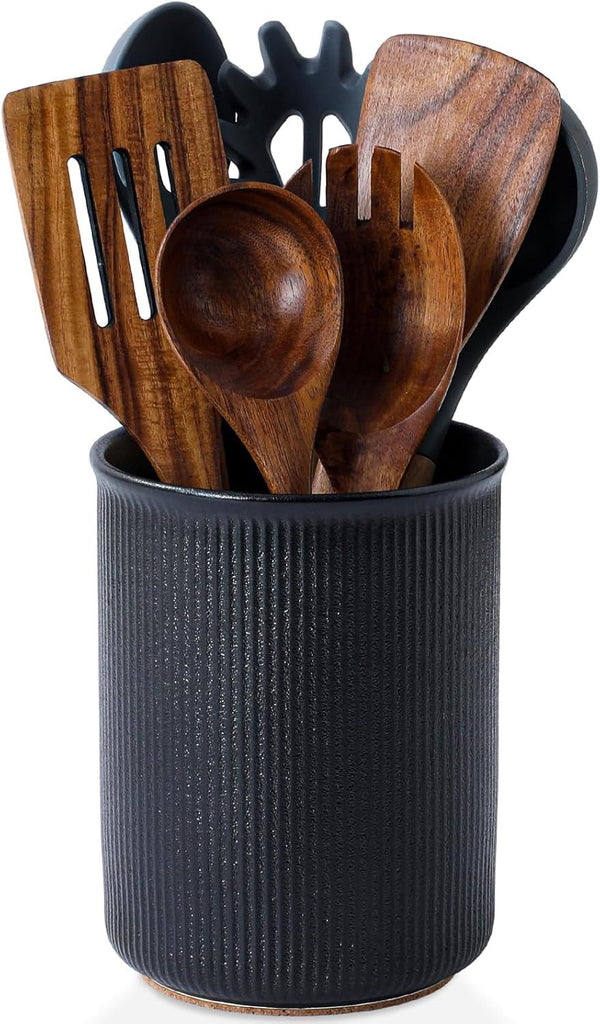 Utensil Holder, Extra Large Utensil Crock, Stable Ceramic Utensil Organizer, Cooking Tool Organizer Set for Kitchen Counter Farmhouse Décor, Textured Black