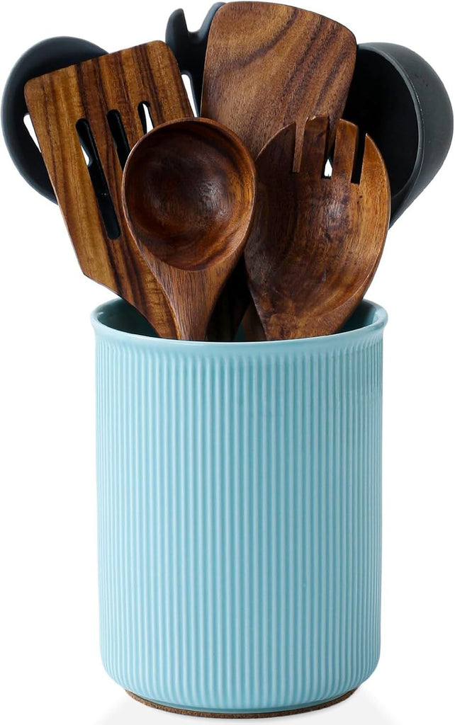 Utensil Holder, Extra Large Utensil Crock, Stable Ceramic Utensil Organizer, Cooking Tool Organizer Set for Kitchen Counter Farmhouse Décor, Turquoise