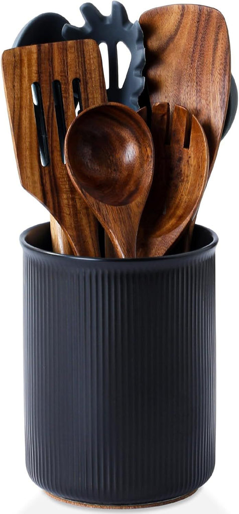 Utensil Holder, Extra Large Utensil Crock, Stable Ceramic Utensil Organizer, Cooking Tool Organizer Set for Kitchen Counter Farmhouse Decor (F-6.7" Black)