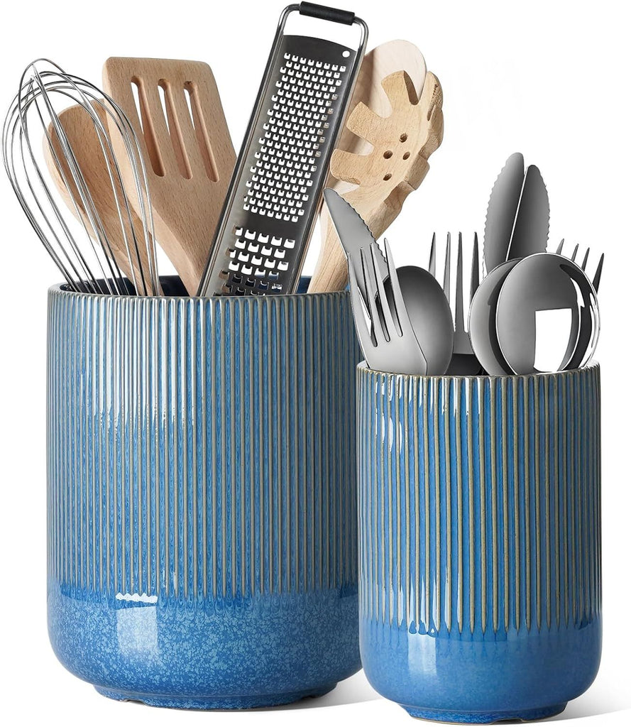 Utensil Holder for Kitchen Counter, 7.3"+5.4" Fluted Ceramic Utensil Crock Organizer for Countertop, Heavy Large Holder for Spatulas, Spoons, Set of 2, Blue Marble