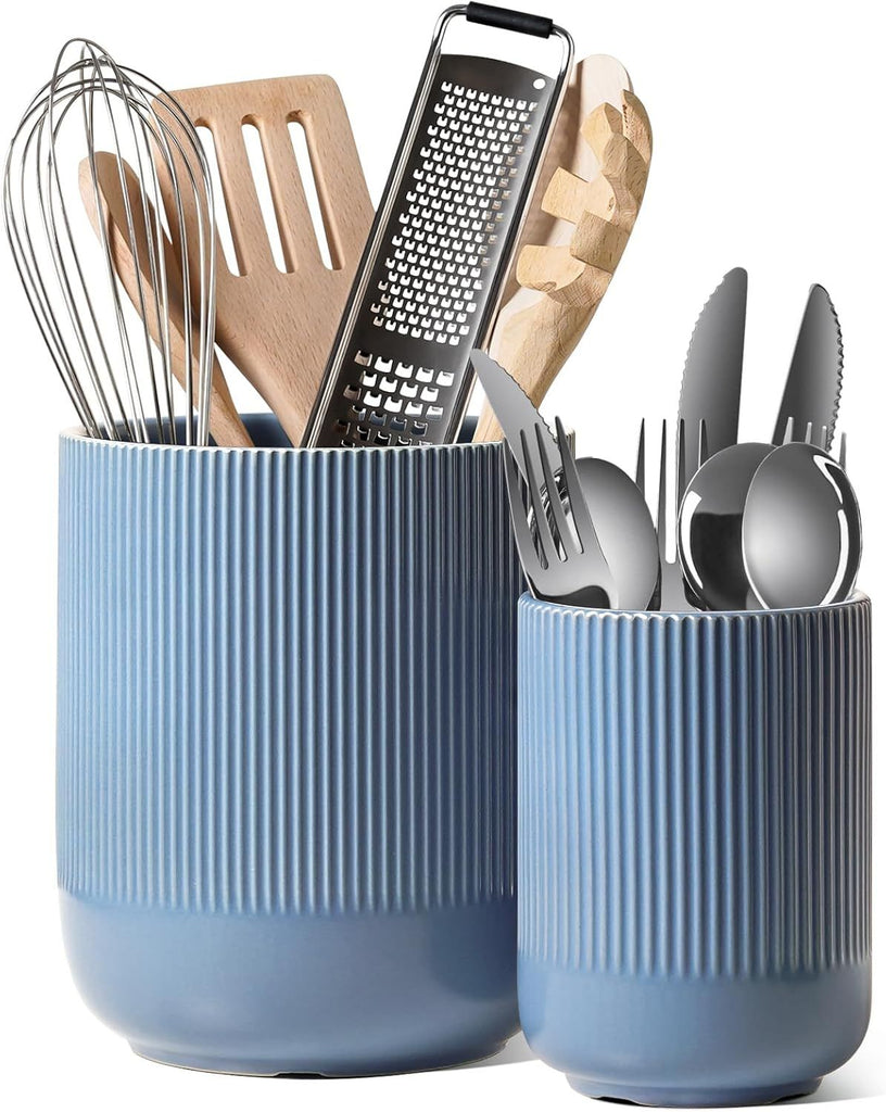 Utensil Holder for Kitchen Counter, 7.3"+5.4" Fluted Ceramic Utensil Crock Organizer for Countertop, Heavy Large Holder for Spatulas, Spoons, Set of 2, Dusty Blue