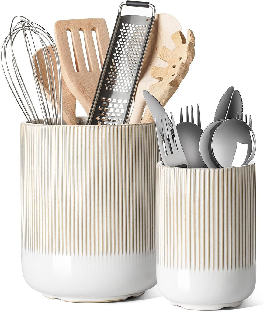 Utensil Holder for Kitchen Counter, 7.3"+5.4" Fluted Ceramic Utensil Crock Organizer for Countertop, Heavy Large Holder for Spatulas, Spoons, Set of 2, Warm White Glaze