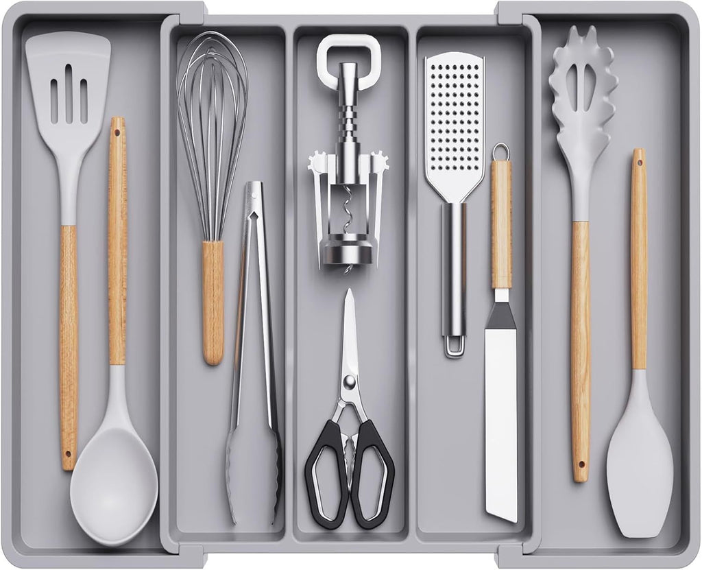 Utensil Organizer for Kitchen Drawers, Expandable Cooking Utensil Tray, Adjustable Cutlery Silverware Flatware Holder, Plastic Spatula Tools Storage Divider, 13-22 x 15", GrayV