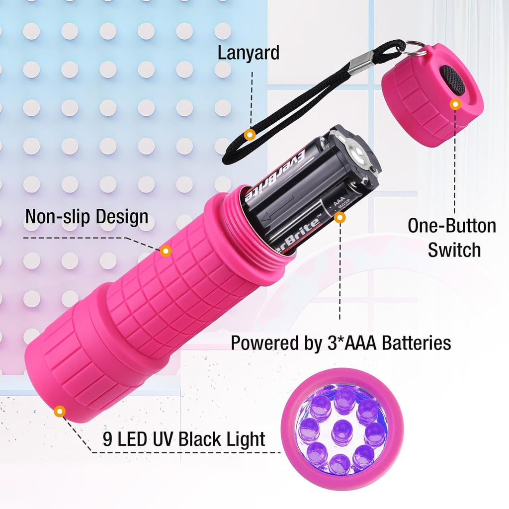 UV Blacklight Flashlights 3-Pack Set, 9 LEDs 395nm Mini Black Light for Neon Glow Art, Class Teaching, Scorpions, Pets Stains Urine, 9 AAA Batteries Included
