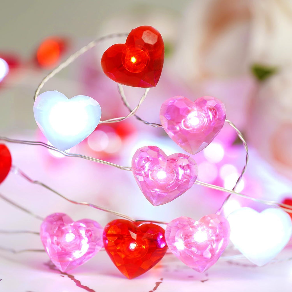Valentine Decor - 10 ft 40 LED Red, White, Pink Heart String Lights with Timer - Battery Operated Indoor/Outdoor Valentine's Day & Mother's Day Decorations