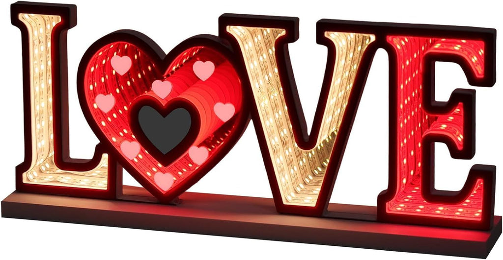 Valentines Day Decor, Love Sign Infinity Mirror Tunnel Light for Valentines Day Decorations, Night Lights with Endless Extension for Home Living Room Table Centerpiece