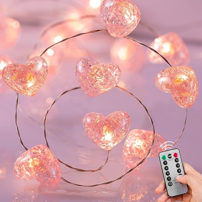 Valentine's Day Fairy String Lights - 10.5 ft 30 LED Pink Heart Battery Operated Fairy Lights with Timer and Remote, Twinkle Heart Lights for Wedding DIY Indoor Christmas Gift Valentine's Day