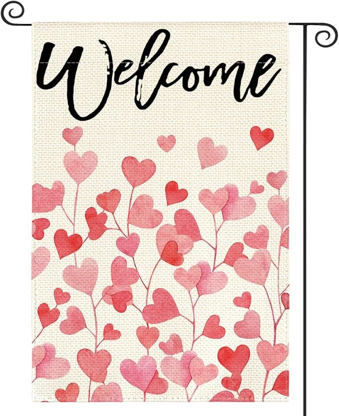 Valentines Day Love Hearts Welcome Garden Flag 12x18 Inch Double Sided Outside, Rustic Anniversary Yard Outdoor Flag