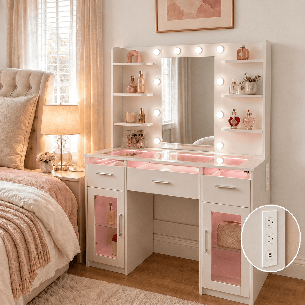 Vanity Desk with Lighted Mirror, 10 LED Bulbs, RGB Lighting with App Control, 3 Drawers, 2 Cabinets, 6 Open Shelves, Acrylic Top, Built-in Power Outlet, White