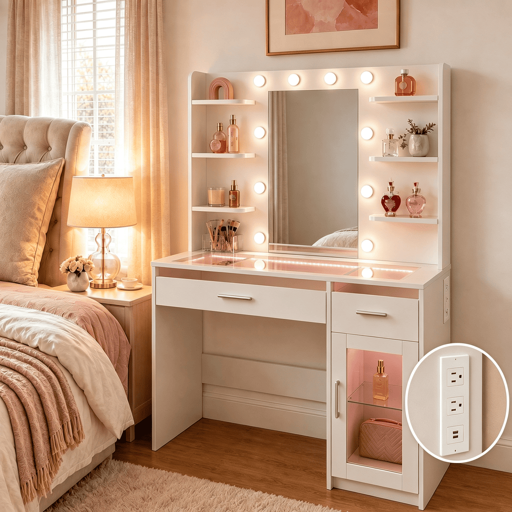 Vanity Desk with Lighted Mirror, Makeup Table with UL-Certified Power Outlet, App-Controlled RGB Light Strip, Storage Shelves, Cabinet and Drawers, White