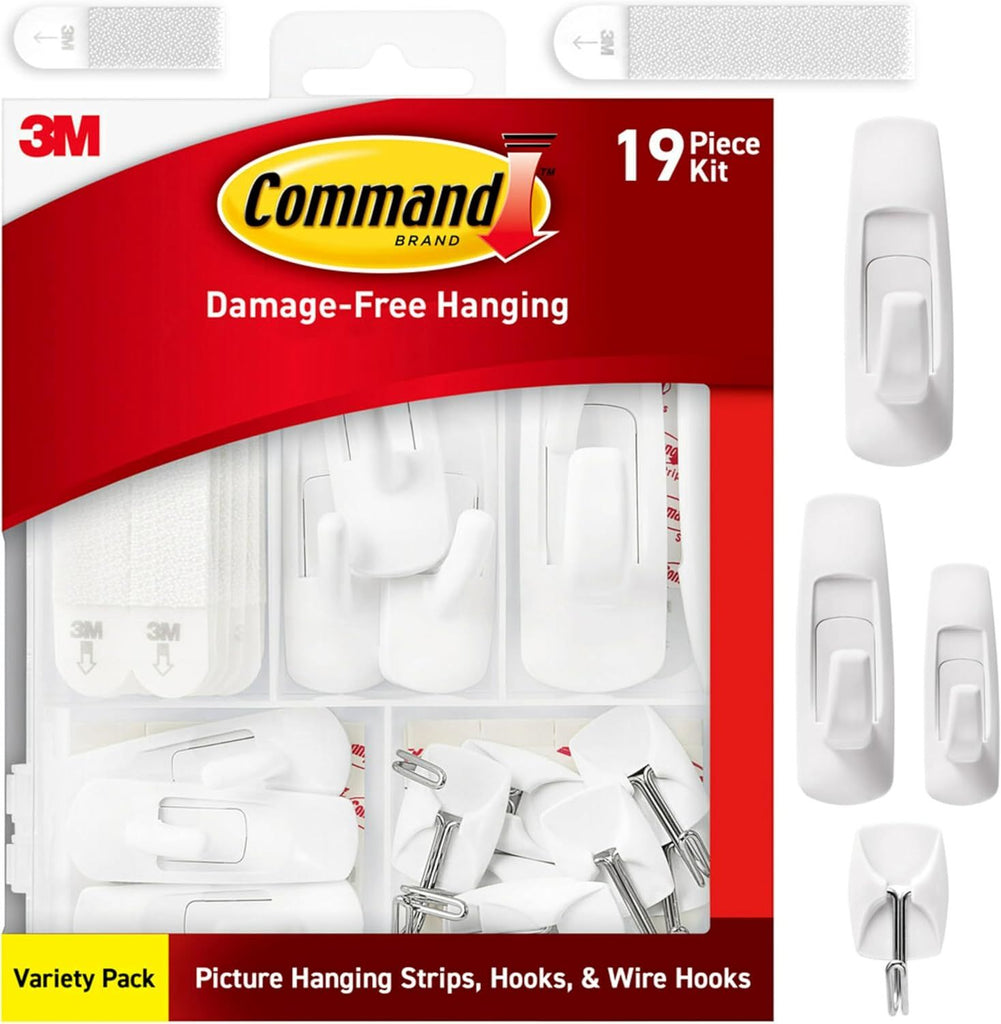 Variety Pack, Including 10 Pairs of Picture Hanging Strips, 6 Wire Hooks and 8 Utility Hooks for Hanging Christmas Decorations, Damage-Free Hanging Up to 19 Items with Command Strips, 1 Kit