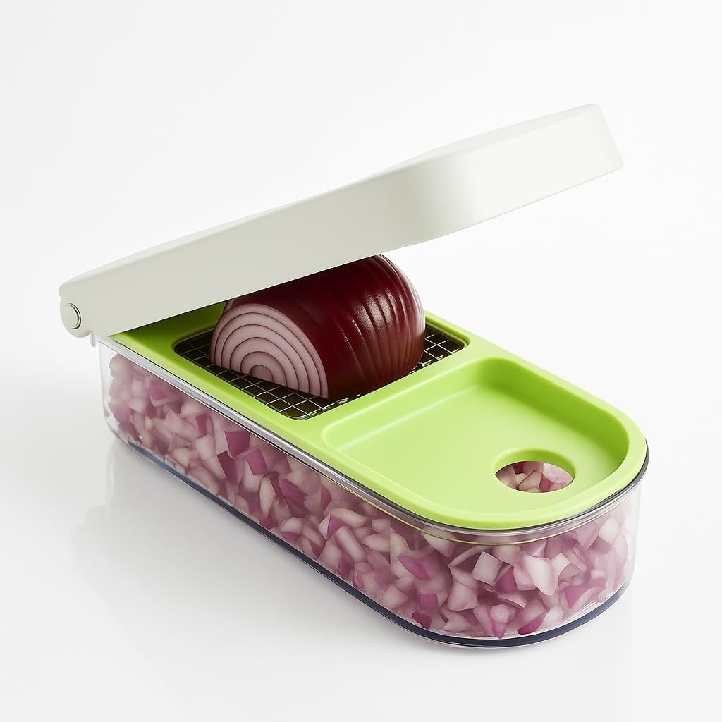 Vegetable and Fruit Chopper with 2 Cup Base, Stainless Steel Blades, Dishwasher Safe