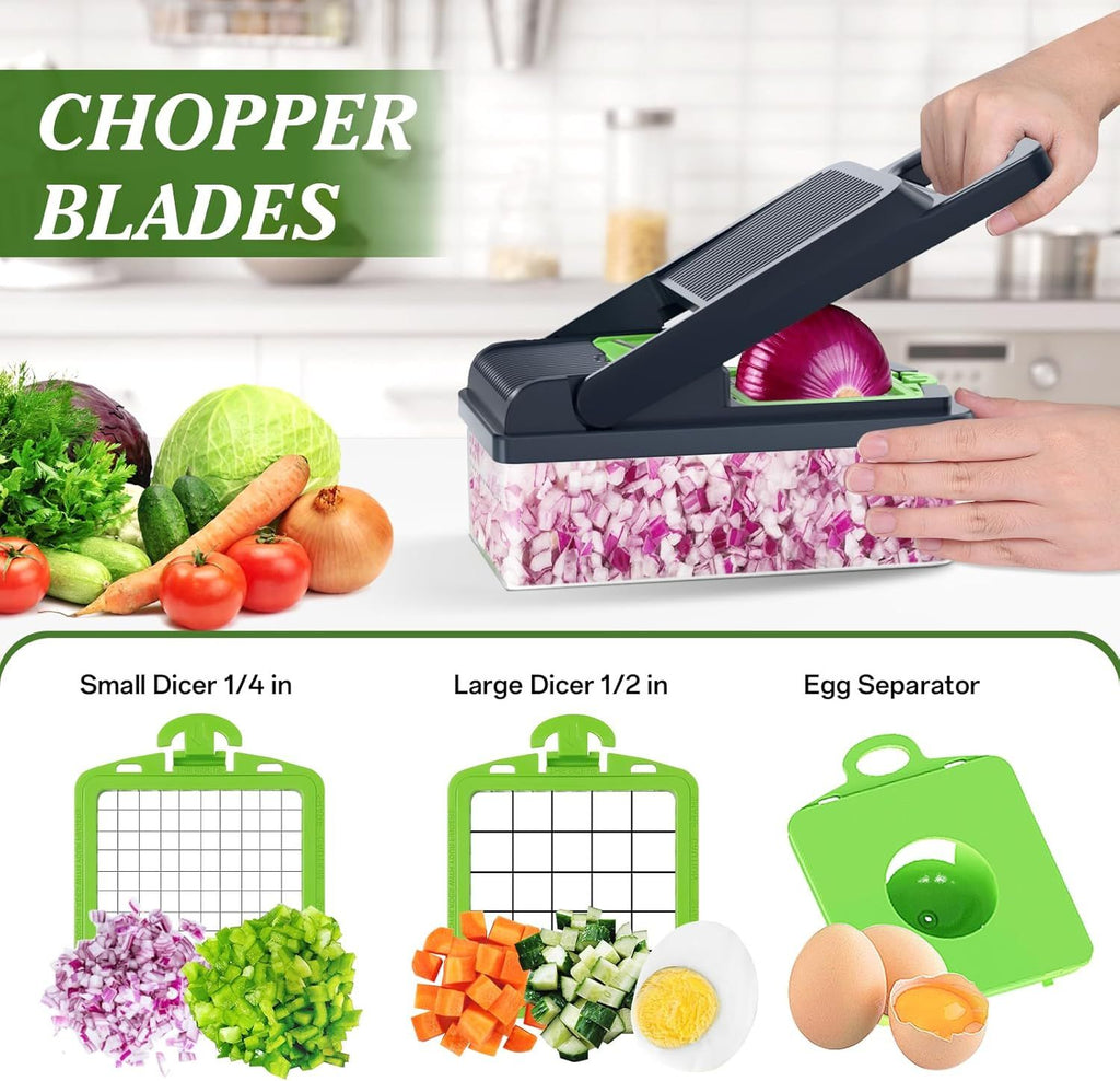 Vegetable Chopper Vegetable Cutter, 12 in 1 Kitchen Gadget, Dicer, Slicer, Onion Cutter, Salad, Cheese Grater & Egg Separator - Multi-Functional Veggie Chopper Lid with Handle (Green)