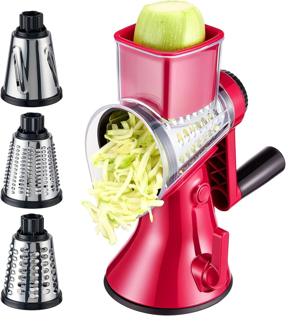Vegetable Slicer, 3 in 1 Kitchen cheese Shredder Interchangeable Blades with 3 Stainless Steel Blades & Strong Suction Base, Easy Clean Food Grinder for Cheese, for Fruit