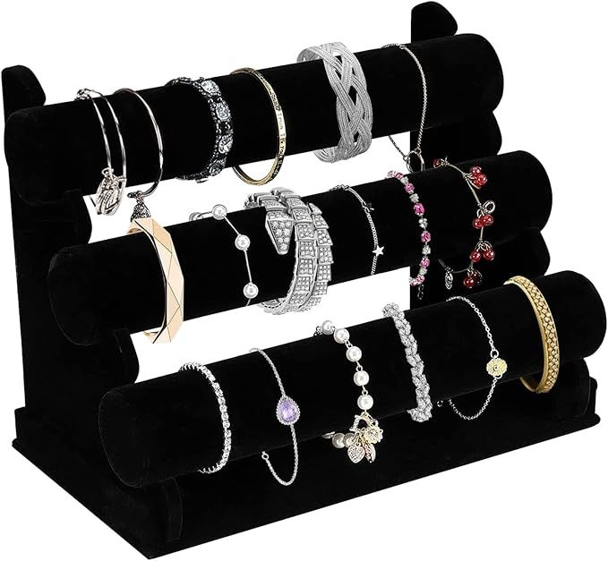 Velvet Bracelet Holder with 3 Tier Rack, Black Detachable Jewelry Display Stand T-Bar Necklace Storage Organizer for Bangles Watch Bracelets Scrunchies Organization Showcase