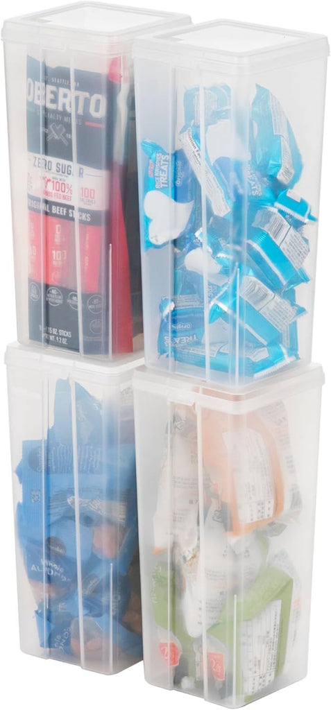 Vertical Plastic Flip Top Storage Containers Bins with Lids for Pantry, Home, Office, Organization, Large, Stackable Hinged Organizer with Latches, Clear, 4 Pack